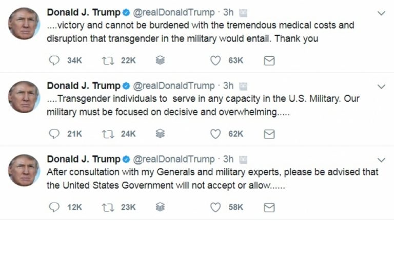 In tweetstorm, Trump unveils intent to ban trans military members