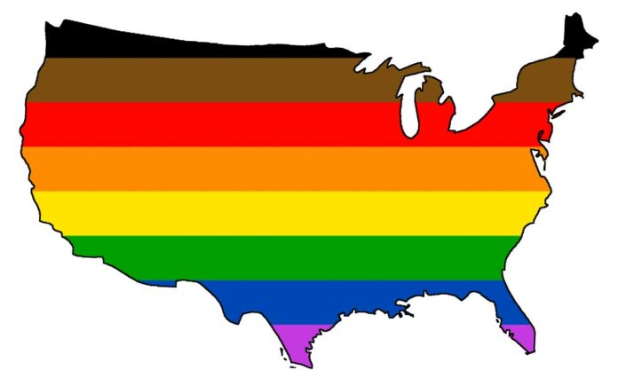 A graphic shows the Pride flag colors over the United States map.