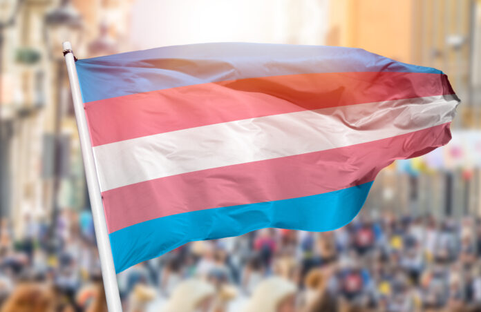 Shot of the transgender flag blowing in the wind at street