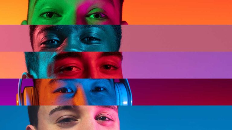 Young people of various races are shown in a column of a colorful strips. Only their eyes are visible to the viewer.