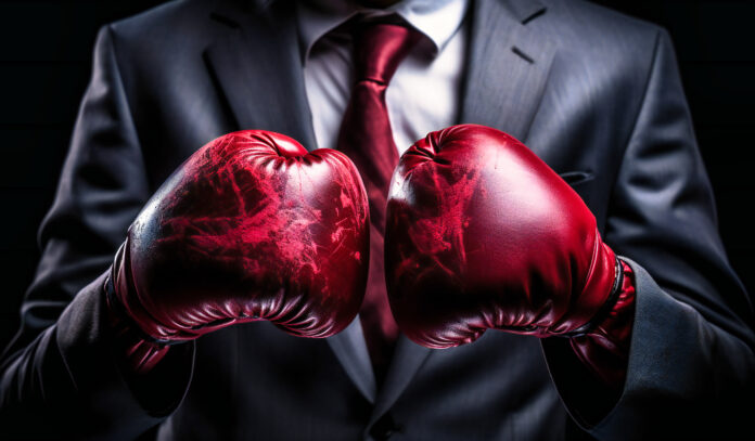 a businessman in a suit with boxing gloves