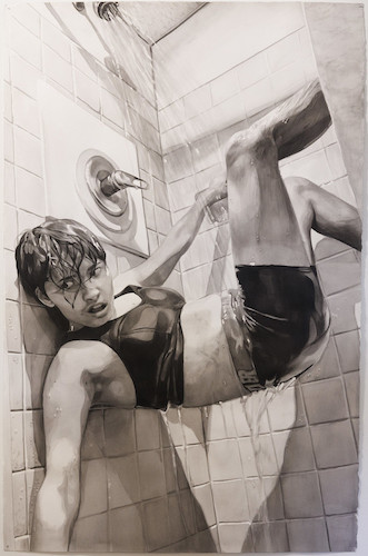 Kaylee Corbi’s “I Wasn’t Built for Communal Showers,” an ink drawing on watercolor paper. In it, Corbi captured themself suspended against the walls of a shower stall underneath the running tap.