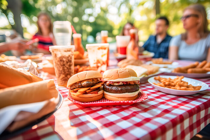 group of friends or family enjoying the food and company Barbecue and Picnic Scene: Set up a classic 4th of July barbecue and picnic scene ai generated art. High quality photo