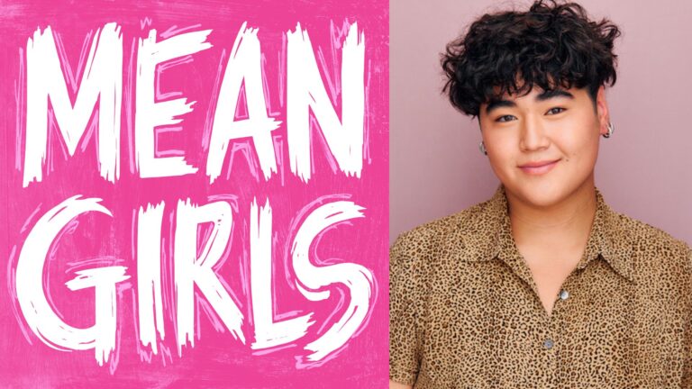 Headshot of Ethan Jih-Cook, who portrays Damian Hubbard in the national tour of ‘Mean Girls.’ To the left of his headshot is the Mean Girls logo, which features the tile in white letters against a pink background.