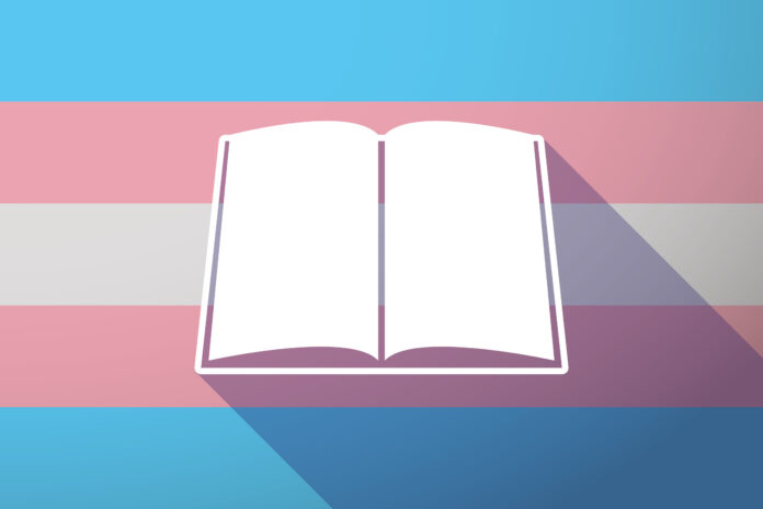 Illustration of a long shadow transgender flag with a book