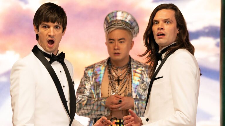 From left, Josh Sharp, Bowen Yang and Aaron Jackson in ‘Dicks: The Musical.’