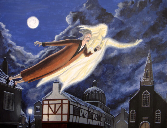 The Ghost of Christmas Past soars over the city with Ebenezer Scrooge in tow.