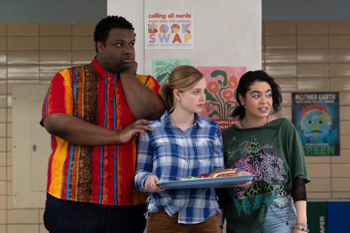 From left, Jaquel Spivey as Damian, Angourie Rice as Cady Heron and Auli‘i Cravalho as Janis in ‘Mean Girls.’