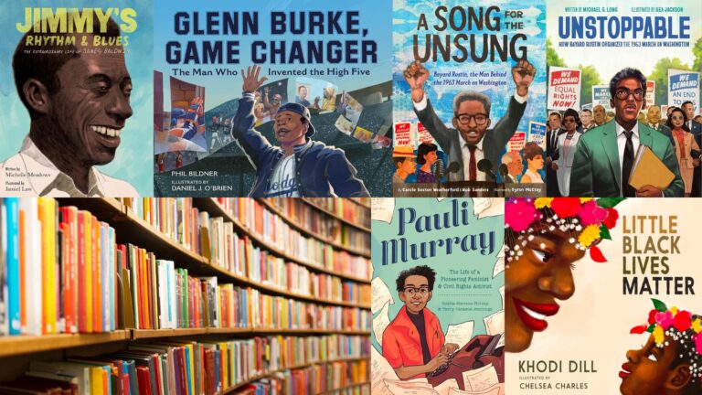 A collage of books about Black LGBTQ+ people. The titles include: “Jimmy's Rhythm & Blues: The Extraordinary Life of James Baldwin,” “Glenn Burke, Game Changer,” “A Song for the Unsung: Bayard Rustin, the Man Behind the 1963 March on Washington,” “Unstoppable: How Bayard Rustin Organized the 1963 March on Washington,” “Pauli Murray: The Life of a Pioneering Feminist and Civil Rights Activist,” and “Little Black Lives Matter.” In the bottom left corner is a book shelf full of books.