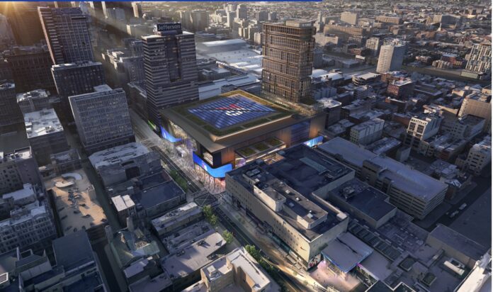 An aerial rendering of the proposed 76 Place arena site shows multiple city blocks of downtown Philadelphia with the arena situated in the middle.