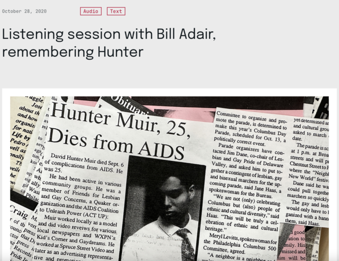 A screenshot shows newspaper clippings artfully displayed. One has the picture of Hunter Muir, a young Latino man wearing a white shirt and tie.