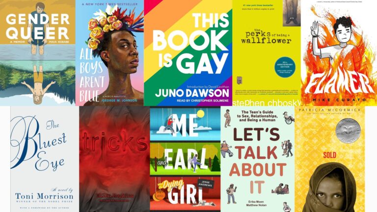 The top 10 most-targeted book titles, according to the American Library Association, in order of the number of challenges from left to right: Gender Queer, All Boys Aren't Blue, This Book Is Gay, The Perks of Being a Wallflower, Flamer, The Bluest Eye, Tricks, Me and Earl and the Dying Girl, Let’s Talk About It, and Sold.