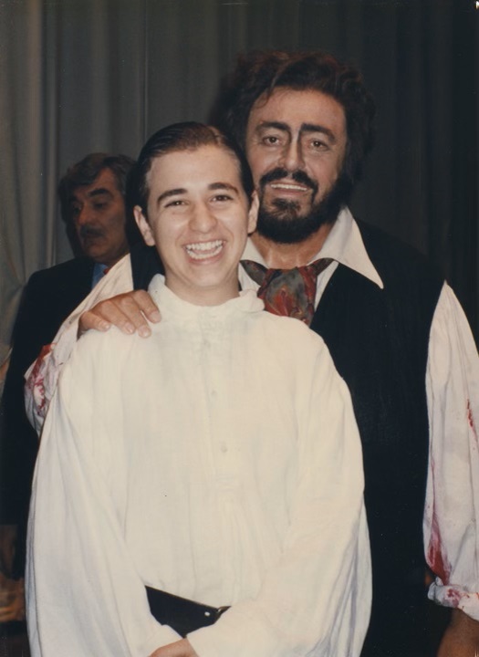 An 11-year-old Anthony Roth Costanzo with Luciano Pavarotti at the Academy of Music in 1996.