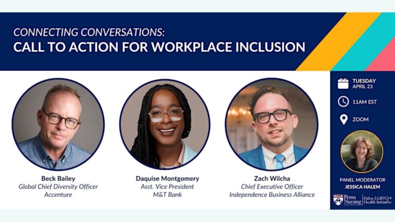 Event graphic for call to action for workplace inclusion, includes panelists and moderator