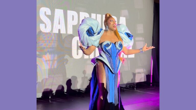 Sapphira Cristál performs a lip sync of Donald Lawrence and The Tri-City Singers’ ‘Encourage Yourself’ during a private viewing party of the ‘RuPaul’s Drag Race’ season 16 finale at Edge at Hudson Yards.
