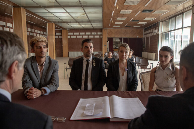 From left, Samson Selim as Ali, Vladimir Tintor as Toni, Anamaria Marinca as Dita and Sara Klimoska as Elena in director Goran Stolevski’s ‘Housekeeping for Beginners.’
