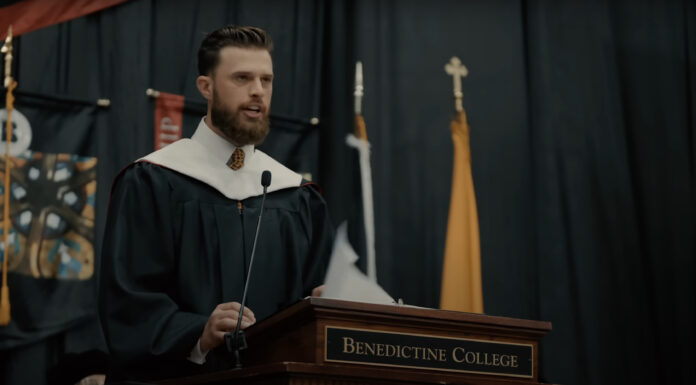 Harrison Butker speaks during the Benedictine College 2024 commencement address.