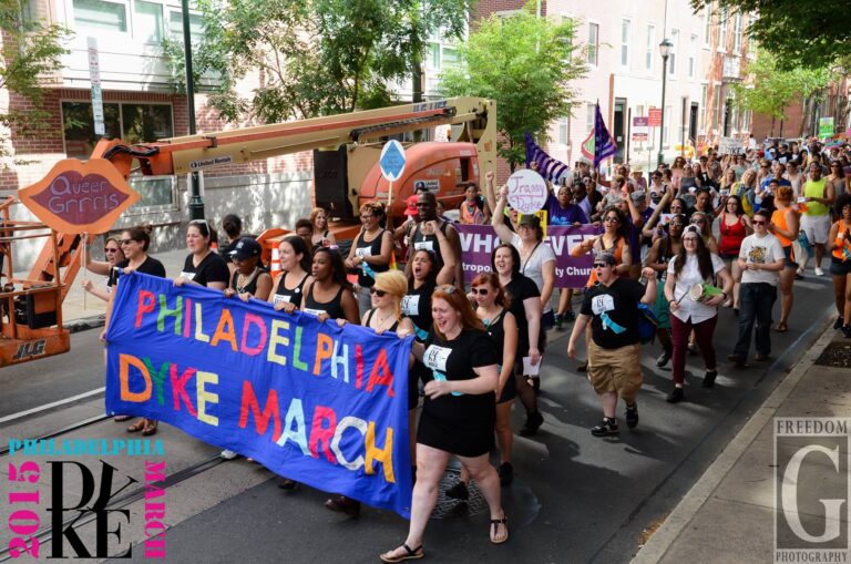 Philly Dyke March participants walking through the streets during their protest in 2015.