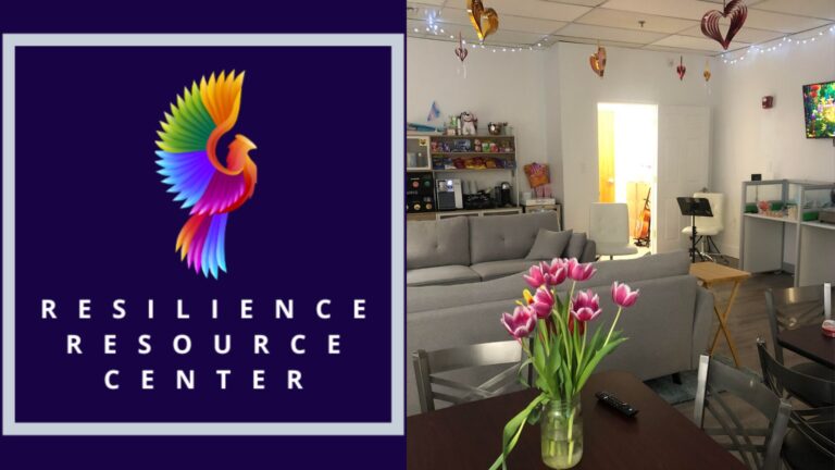 The logo for Resilience Resource Center, which shows a colorful bird about the organization's name, is featured next to a photo of their office space. The photo shows a casual room that's set up to look like a living space -- with a table and chairs, comfortable couches, and other amenities.