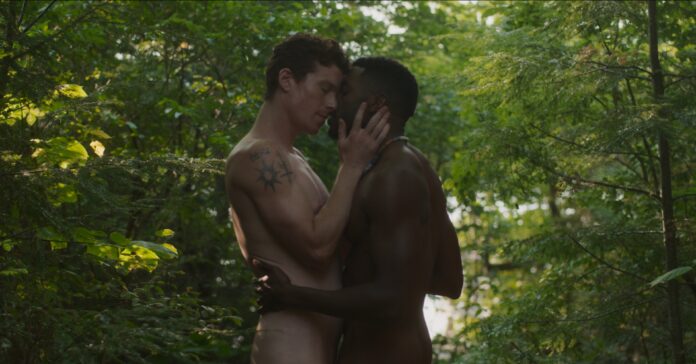 Two nude men kiss in the woods