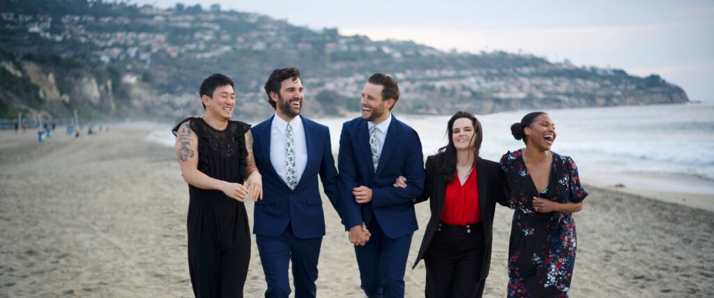 From left: Jake Choi, Juan Pablo Di Pace, Nico Tortorella, Emily Hampshire and Cloie Wyatt Taylor in ‘The Mattachine Family.