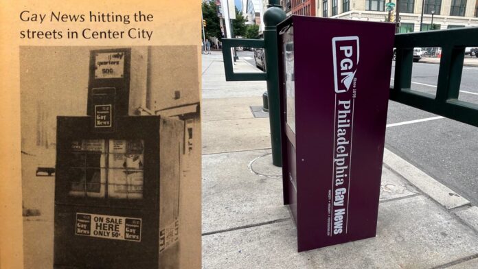 Philadelphia Gay News vending boxes collage. Left photo shows a screengrab of an old newspaper with a photo of a Philadelphia Gay News vending box. The right photo shows a purple Philadelphia Gay News vending box in 2024.