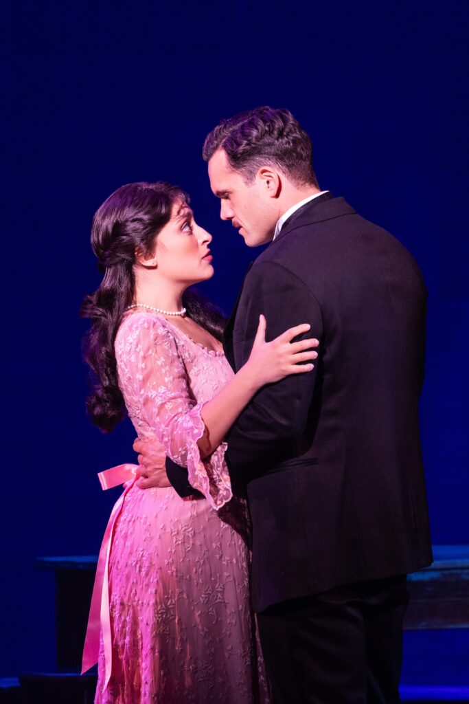 Katerina McCrimmon as Fanny Brice and Stephen Mark Lukas as Nick Arnstein in the national tour of ‘Funny Girl.’ The duo are embracing each other as if they are about to kiss.