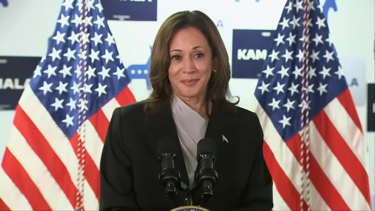 Vice President Kamala Harris speaks at President Joe Biden’s campaign headquarters in Delaware. She is standing at a podium in front of American flags.