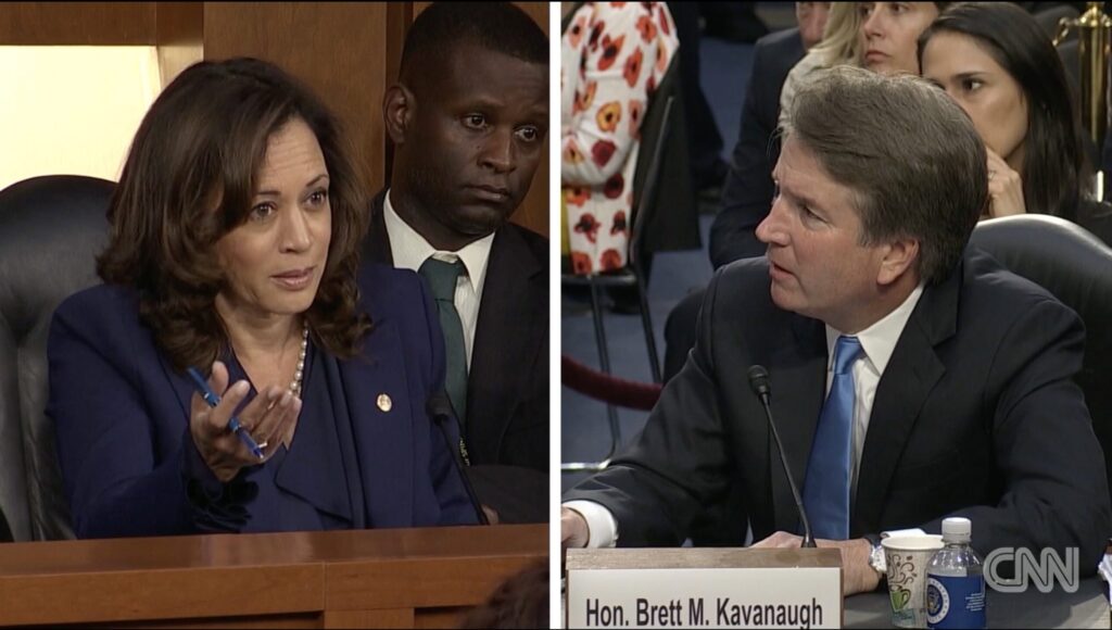 Kamala Harris is on the left with a hand held out. Brett Kavanaugh is on the right looking toward Kamala.