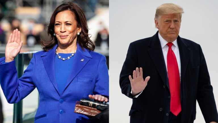 Collage showing Kamala Harris (left) and Donald Trump (Right). Left photo shows Kamala Harris wearing a blue suit and holding her hand up. Right photo shows Donald Trump wearing a basic black suit with a red tie while holding his hand up.