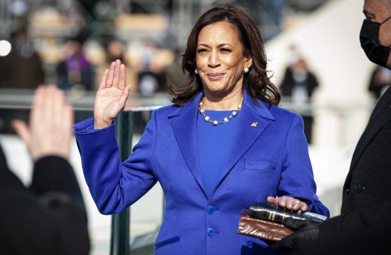 U.S. Vice President Kamala Harris takes the Oath of Office on the platform of the U.S. Capitol during the 59th Presidential Inauguration in Washington D.C., Jan. 20, 2021