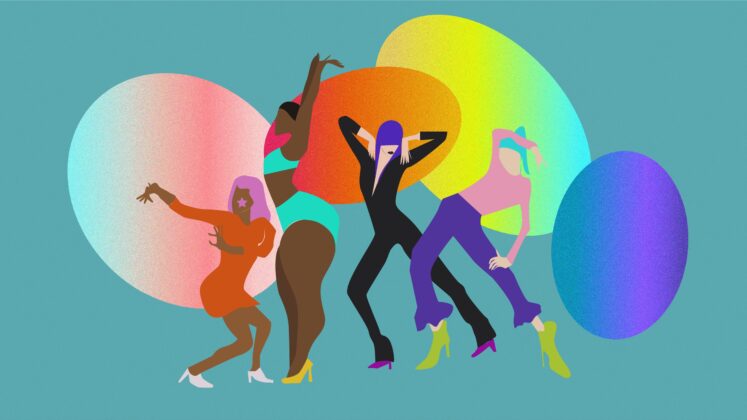 An illustration shows a grou pof five dancers striking poses that reflect LGBTQ+ ballroom culture.