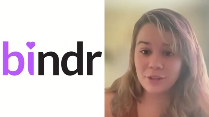 The image features a split-screen. On the left side, there's a logo that says "bindr" with the letters "bi" in purple and "ndr" in black, with the dot on the "i" being shaped like a heart. On the right side, there's a close-up of a woman with light brown hair, partially swept to the side. She appears to be speaking or mid-sentence, looking directly at the camera.