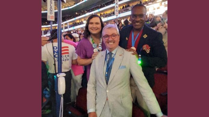 Joeigh Parrella (left) is pictured with New Jersey Gov. Phil Murphy (front) and LeRoy J. Jones Jr. (right) at the Democratic National Convention