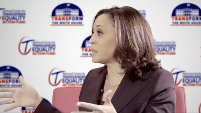 The image shows U.S. Vice President Kamala Harris speaking in a professional setting, gesturing with her hands. She has shoulder-length dark brown hair and is wearing a dark blazer. The background features logos from the "National Center for Transgender Equality Action Fund" and "Transform the White House."