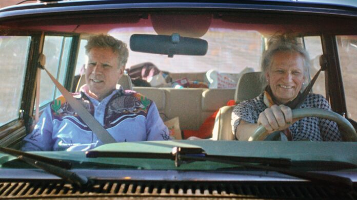 From left, Will Ferrell and Harper Steele sit in a car driving with groceries in the backseat in a scene from ‘Will & Harper.’