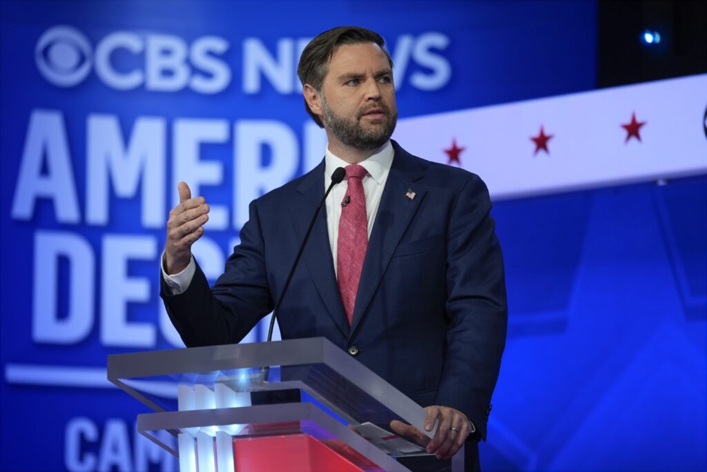 Republican vice presidential nominee Sen. JD Vance, R-Ohio, speaks during a vice presidential debate hosted by CBS News, with Democratic vice presidential candidate Minnesota Gov. Tim Walz, Tuesday, Oct. 1, 2024, in New York.