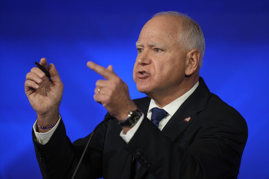 Democratic vice presidential nominee Minnesota Gov. Tim Walz speaks during a vice presidential debate hosted by CBS News, with Republican vice presidential nominee Sen. JD Vance, R-Ohio, Tuesday, Oct. 1, 2024, in New York.