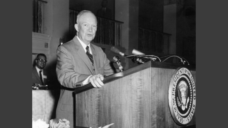 President Dwight D. Eisenhower delivering a speech sponsored by the National Newspaper Publishers Association in 1958.