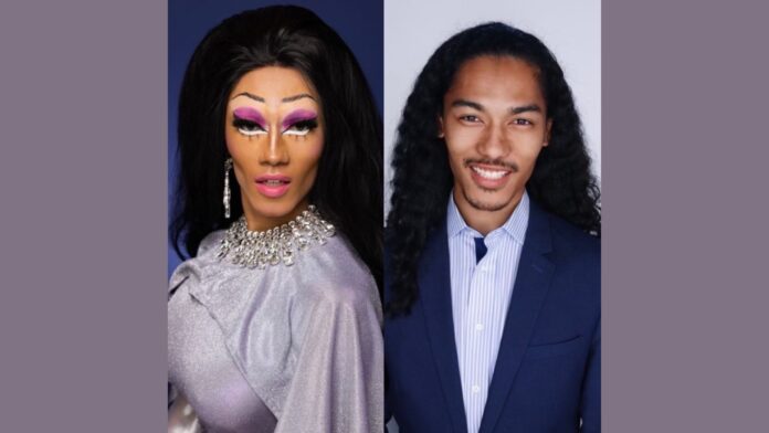 Side-by-side portraits of Kenneth K. Wilson: on the left, in drag as Shometha Monét, featuring glamorous makeup, a sparkling silver outfit, and chandelier earrings; on the right, as a professional, wearing a navy suit and striped shirt with natural long hair and a confident smile.