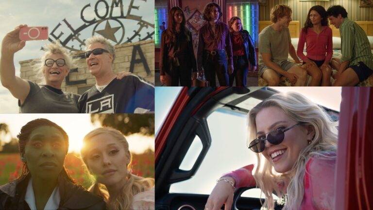 A collage showcasing scenes from LGBTQ+ films of 2024. Top left: Two older individuals joyfully taking a selfie in front of a "Welcome" sign. Top center: A group of four young people standing in a dimly lit room with vibrant neon colors, exuding a dramatic atmosphere. Top right: A tender and intimate moment with three people sitting on a bed, smiling and connecting. Bottom left: Two individuals, one with green skin, standing in a field of red flowers, bathed in golden sunlight. Bottom right: A smiling woman with blonde hair and sunglasses, leaning out of a car window in a cheerful, sunlit scene.