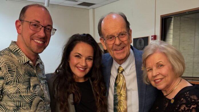 From left, ‘Come From Away’ actors John Anker Bow and Tyler Olshansky-Bailon with the real-life counterparts they portray in the show, Nick Marson and Diane Marson.