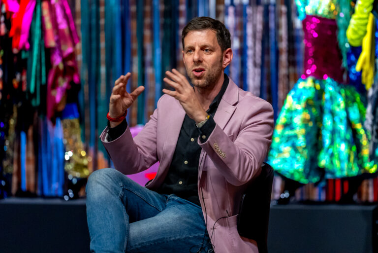 Yuval Sharon speaking at a book discussion and signing at Wasserman Projects in October 2024.