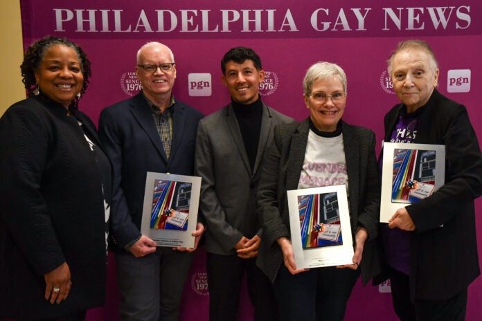 From left, Wanda Mitchell, Director of Community Engagement at the Philadelphia Corporation for Aging; Ed Miller, program coordinator for the Elder Initiative at William Way LGBT Community Center; PGN Associate Publisher Martin Alfaro; and John C. Anderson Apartments residents Mary Groce and Suz Atlas. (Photo: Kelly Burkhardt)