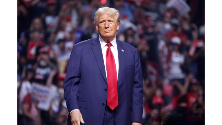 Donald Trump speaking with attendees at a 2024 Arizona for Trump rally at Desert Diamond Arena in Glendale, Arizona.