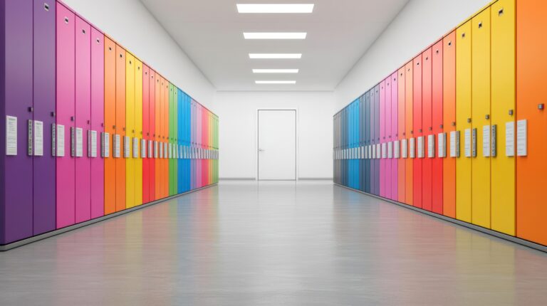 Colorful Locker Rows In School Hallway