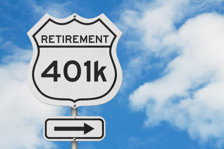 Retirement with 401k plan route on a USA highway road sign with sky background