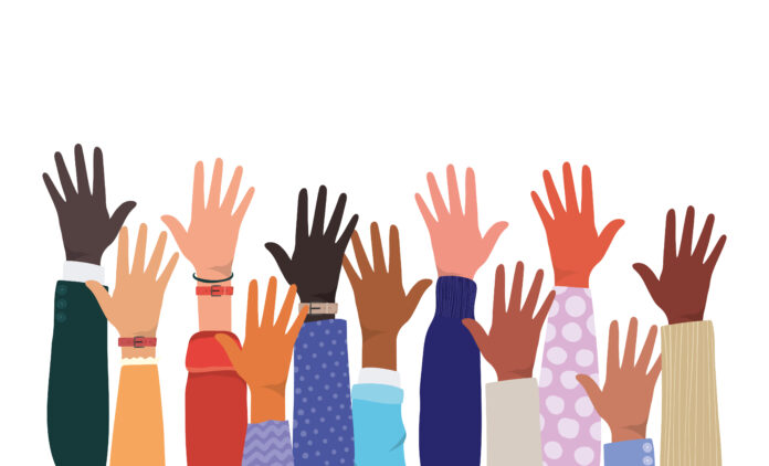 open hands up of different types of skins design, diversity people multiethnic race and community theme Vector illustration