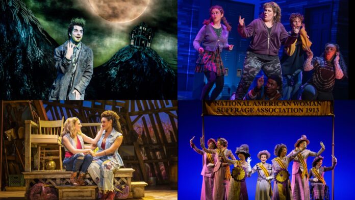 Top left: Justin Collette in ‘Beetlejuice.’ (Photo: Matthew Murphy); Top right: Skye Alyssa Friedman, Emily Koch, Darron Hayes, Pierce Wheeler and Grace Capeless in the national tour of ‘Kimberly Akimbo.’ (Photo: Joan Marcus); Bottom left: Danielle Wade and Miki Abraham in The North American tour of ‘Shucked.’ (Photo: Matthew Murphy and Evan Zimmerman); Bottom right: Jenn Colella in ‘Suffs.’ (Photo: Joan Marcus)