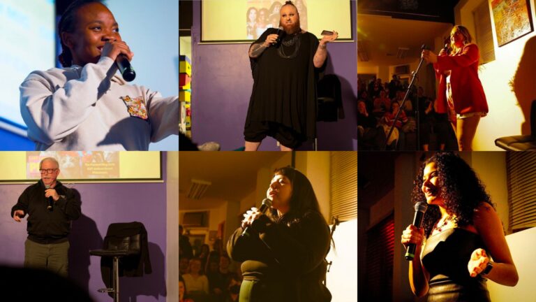 A collage of performers at previous events for Lady Laughs Comedy Philly.